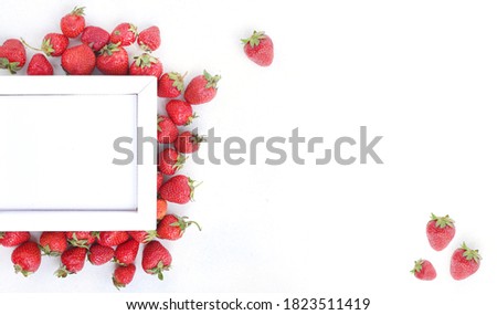 Healthy strawberry isolated on white background frame for text. Copy space. Top view, High resolution product.
