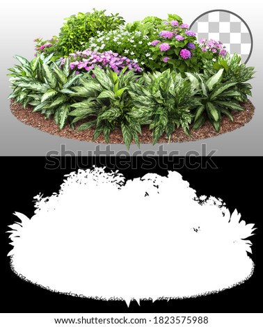Cutout flower bed.
Garden design isolated on transparent background via an alpha channel. Flowering shrub and green plants for landscaping. Decorative hedge. High quality clipping mask.