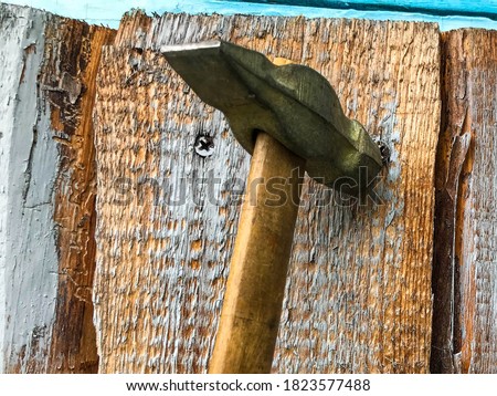 hammer on a wooden handle with a metal end. hammer nails on a wooden surface. metal nails are driven into a blue-painted board. building a house with a hammer and nails.