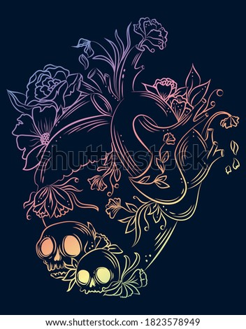 Colorful day of the dead vector illustration.  Heart with floreros and skulls. Linear art
