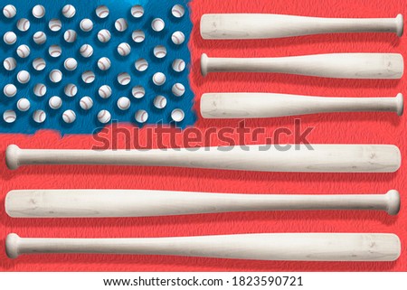 American sports and athletics concept with american flag made up of baseball bats and balls where each bat replaces a white stripe and each ball replaces a star on paint background