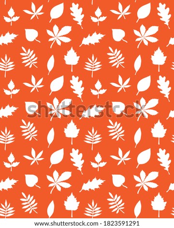 Vector seamless pattern of white hand drawn leaves silhouette isolated on orange background