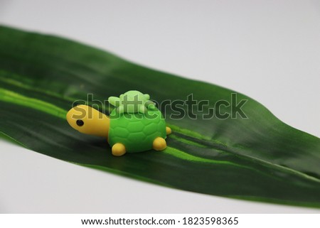 Photo of turtle small toy with green leaf. Isolated on white background.
