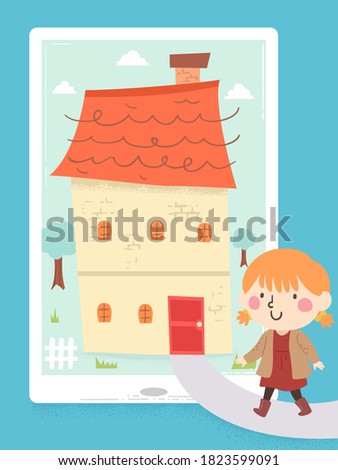Illustration of a Kid Girl Walking to Her House Inside a Tablet Computer