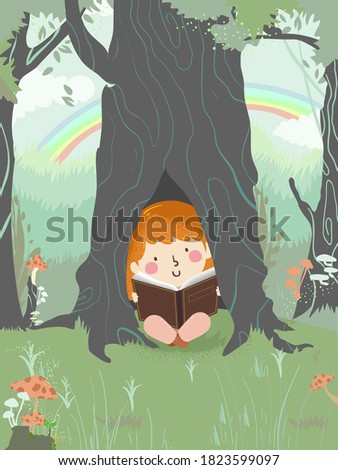 Illustration of a Kid Girl Reading a Book Outdoors Inside and Under the Tree
