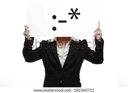 Portrait of a funny kiss businesswoman on white background