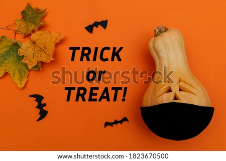 Halloween pumpkin in black protective medical mask,bats from black paper and maple leaf on orange background.Inscription TRICK OR TREAT! on an orange background.Halloween and covid-19 concept.