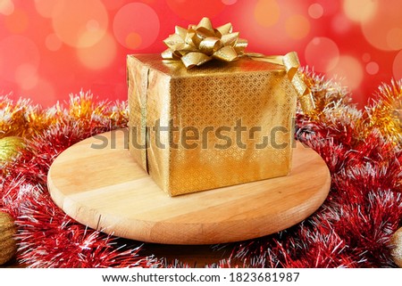 big gift box with ribbon bow, merry chirtmas and happy new year concept, closeup