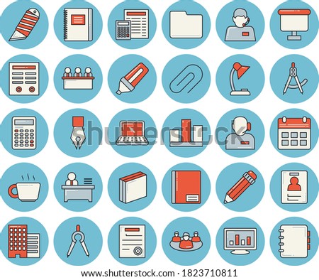 Thin line blue tinted icon set - skyscraper flat vector, calculator, stationery knife, dividers, marker, telephone operator, flipchart, coffee, notebook, teamwork, clip, computer chart, statistic
