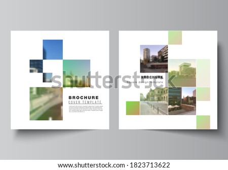 Vector layout of two square format covers design templates for brochure, flyer, magazine, cover design, book design, brochure cover. Abstract project with clipping mask green squares for your photo.