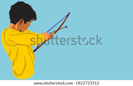 An indian village boy cartoon playing bow arrow alone on blue background abstract art for sports activities concept.