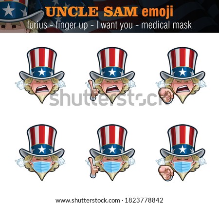 Vector illustrations Set of cartoon Uncle Sam Emoji with furious expression, just the face, pointing the finger I want you and up and surgical mask options. Elements on well-defined layers n groups