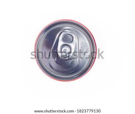 top view of a red aluminum can with soda or beer. isolated on white background. mock-up, flat lay.