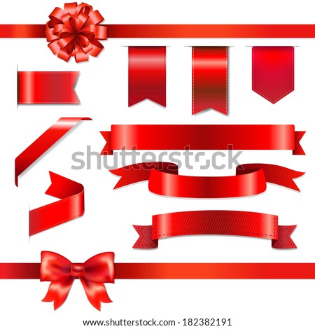 Red Bow With Ribbons Set, With Gradient Mesh, Vector Illustration