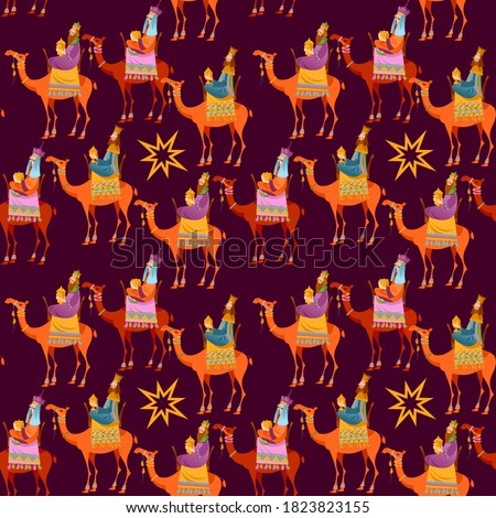 Three biblical Kings (Caspar, Melchior and Balthazar) follow the star. Three wise men on camels. Seamless background pattern. Vector illustration