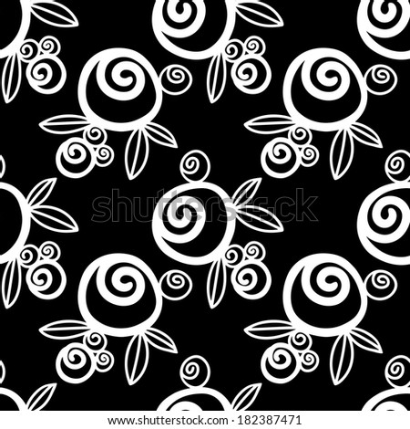 Seamless Pattern with Flowers Black and White - vector