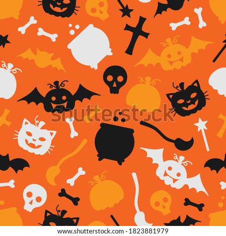 Cute halloween vector seamless pattern. Spooky, scary halloween object illustrations. Magic wand, pot, broom, cross, pumpkin, bat, skull and bones. Isolated. 