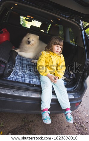 Little girl and Samoyed dog sitting in a trunk of suv family car, vertical photo
