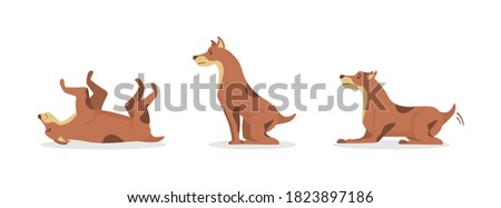 Dogs tricks icons and workout action digging dirt, jump, sleeping running and barking. Dogs collection isolated on white background. Cartoon set character in flat style. Vector illustration.