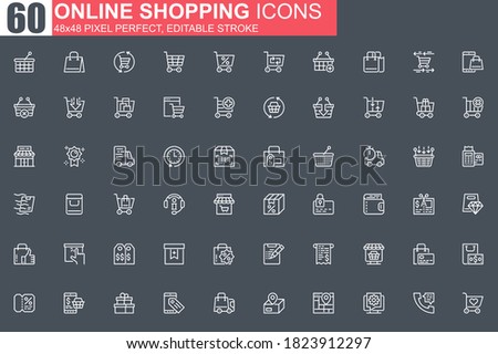 Online shopping thin line icon set. Internet marketplace outline pictograms for website and mobile app. Online order and delivery simple UI, UX. Grid 48x48 pixel perfect linear vector icons pack.