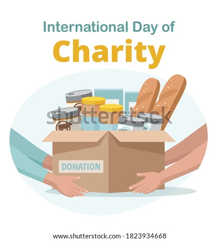 Food and grocery donation. Charity. Woman gives the box with food donation for needy and poor people. Vector illustration Royalty-Free Stock Photo #1823934668
