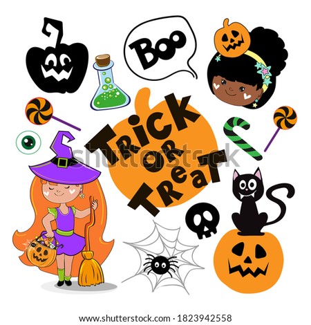 Vector Halloween collection. A girl dressed as a witch, a black cat, a pumpkin and the inscription trick or treat