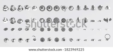 Close up of metal screws nuts and bolts head set isolated on white background, Top and side views of different types of nuts and bolts
