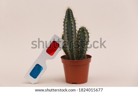 Cactus in a pot with 3d glasses on a beige background
