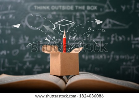 think outside the box on school green blackboard . startup education concept. creative idea. leadership.	