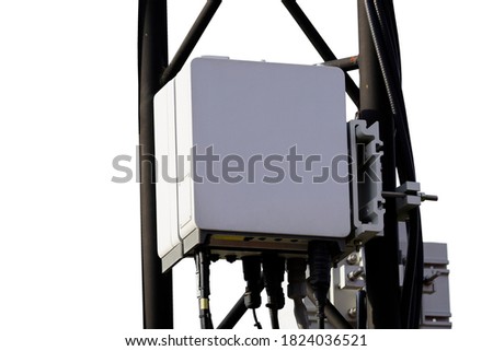 The RRU receives digital data and converts it to analog radio signals. It also receives radio
signals and converts these to digital signals. Small Cell 3G, 4G, 5G Radio System on white background.