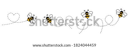 Cartoon bee icon set. Bee flying on a dotted route isolated on the white background. Vector illustration. Royalty-Free Stock Photo #1824044459