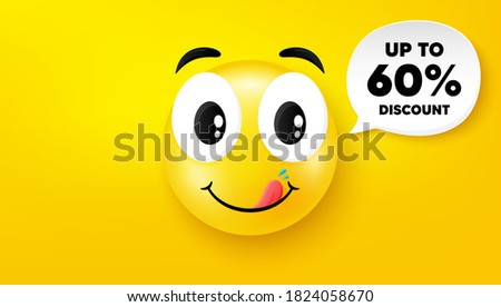 Up to 60% Discount. Yummy smile face with speech bubble. Sale offer price sign. Special offer symbol. Save 60 percentages. Yummy smile character. Discount tag speech bubble icon. Vector