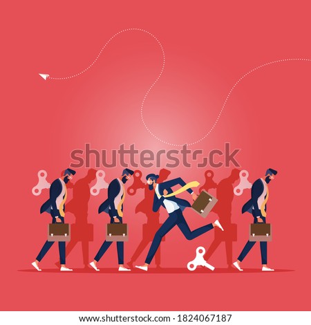 illustration of a businessman running different way from the others after his winder released. Free will
