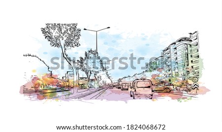 Building view with landmark of Aydin is one of the major cities in the Aegean region of Turkey. Watercolor splash with hand drawn sketch illustration in vector.