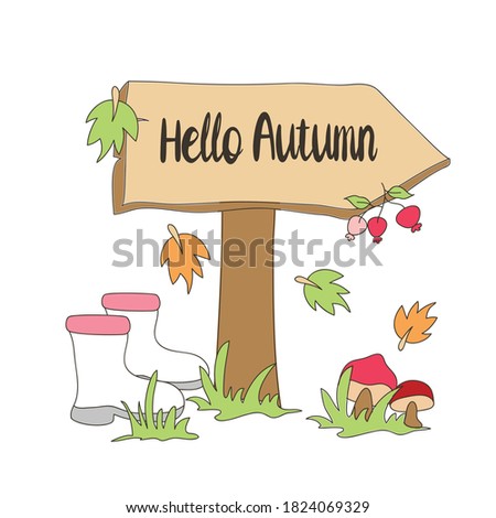 Cartoon Autumn sign board, with boots and autumn Floral Clipart vector illustration
