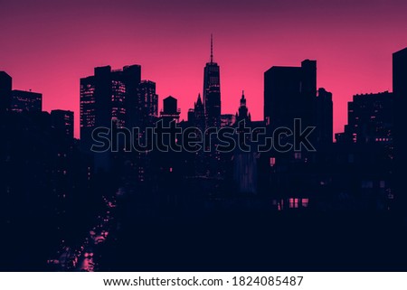 New York City skyline lights at night with pink and blue color effect