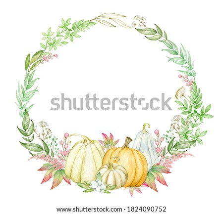 Autumn wreath with pumpkins, leaves, flowers, branches. Watercolor round shape template for thanksgiving, boho style.