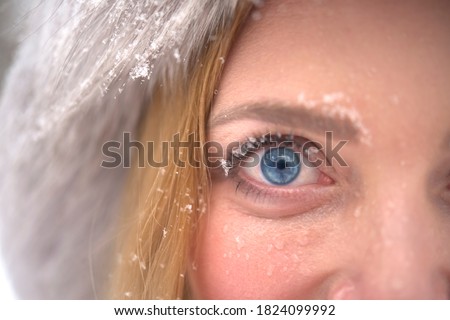 blue eye. close up. Snow and drop on eyelash. Winter season