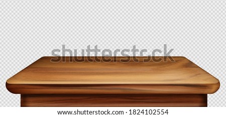 Wooden table foreground, vintage tabletop front view, old brown rustic countertop of wood surface. Retro dining desk or plank texture isolated on transparent background, realistic 3d vector mock up