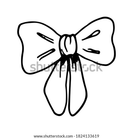 Bow in doodle style on white background. Vector illustration. Hand drawn doodle of hipster retro bow tie. Vintage elegant bowtie. Cartoon sketch. Decoration for greeting cards, posters, emblems