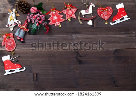 Top above high angle closeup overhead view photo of nice beautiful christmas decoration lying on wooden dark table desk