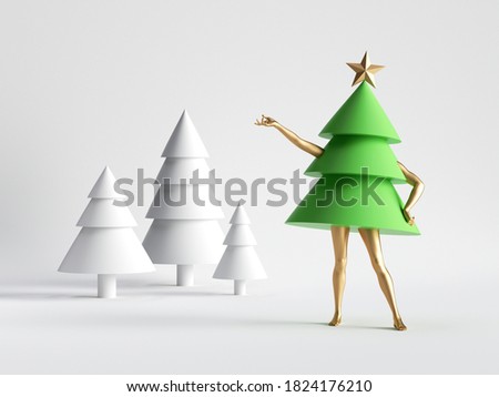 3d render. Green Christmas tree cartoon character with mannequin legs posing. Minimal seasonal clip art isolated on white background. Unique toy