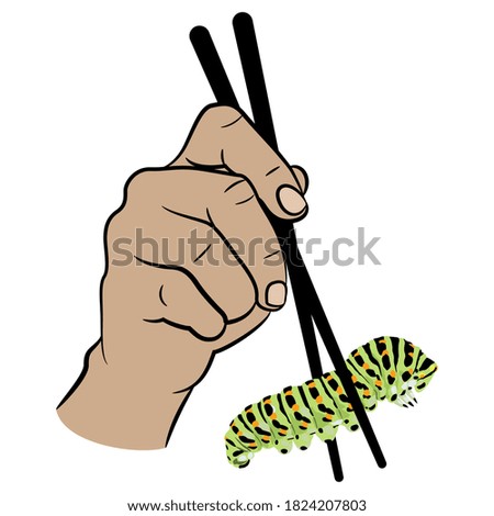 Human hand holding green caterpillar with chopsticks. Creative concept for exotic food.