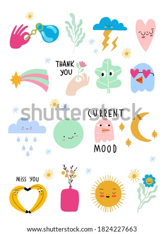 Big vector set. Different options for icons with emotions and moods. All elements are isolated. Flat design. Cartoon style.