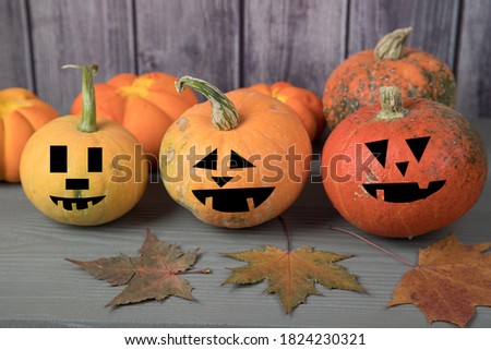 Pumpkins with masks for Halloween with autumn leaves on a gray wooden background.