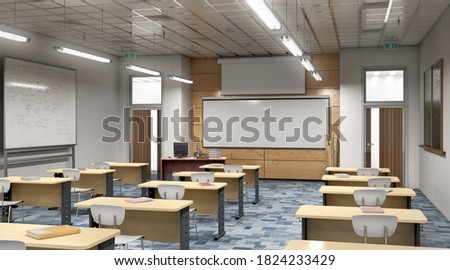 Modern classroom . High school. 3d illustration