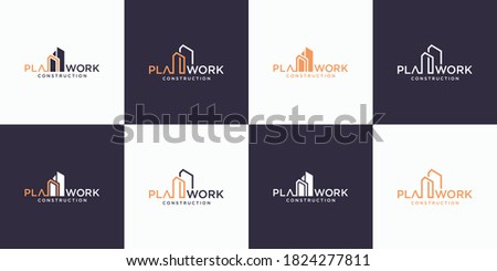 Work mark real estate logo design with line art style. Premium Vector