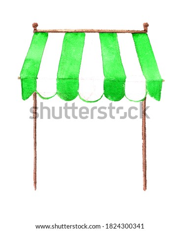 Green and white striped awning for a store, cafe, street restaurant, market. One single object, front view. A hand-drawn watercolor sketch-painting, a cut-out element of a clip art for design