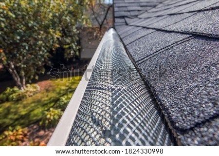 Plastic guard over gutter on a roof to keep it free of leaves, focus in center Royalty-Free Stock Photo #1824330998
