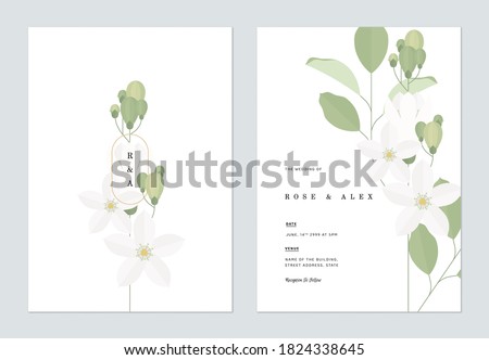 Floral wedding invitation card template design, orange jasmine flowers with leaves on white Royalty-Free Stock Photo #1824338645